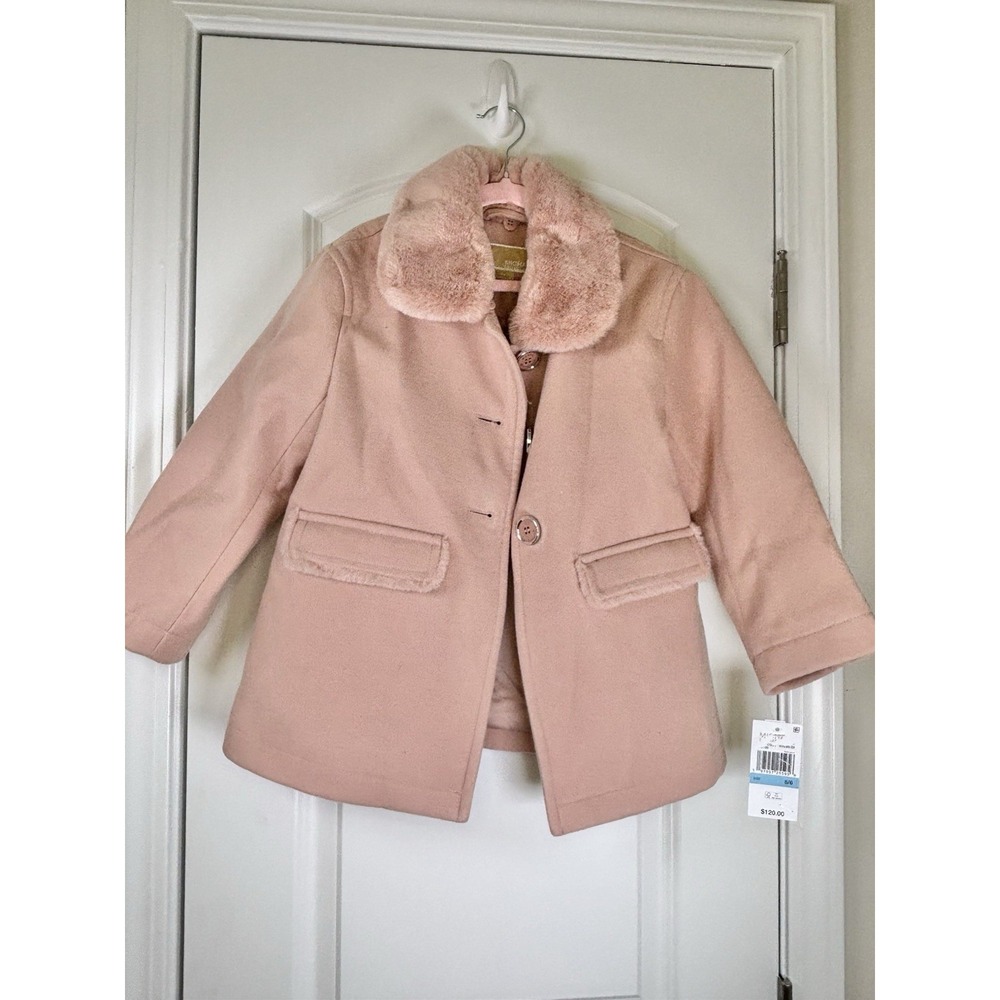 Michael Kors Girls Pink Faux Fur Collar Dress Coat Jacket Size 5/6 NWT